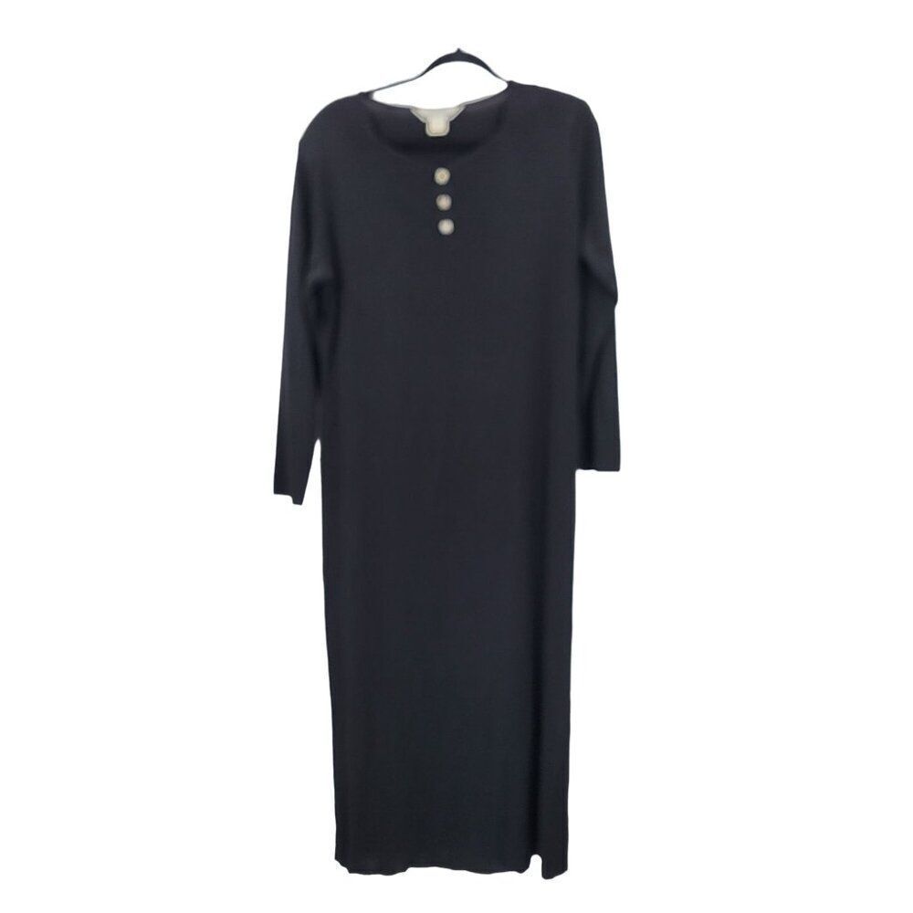 Vintage 80s Misook‎ Black Knit Maxi Dress Rhinestone Buttons XL Modest Lagenlook